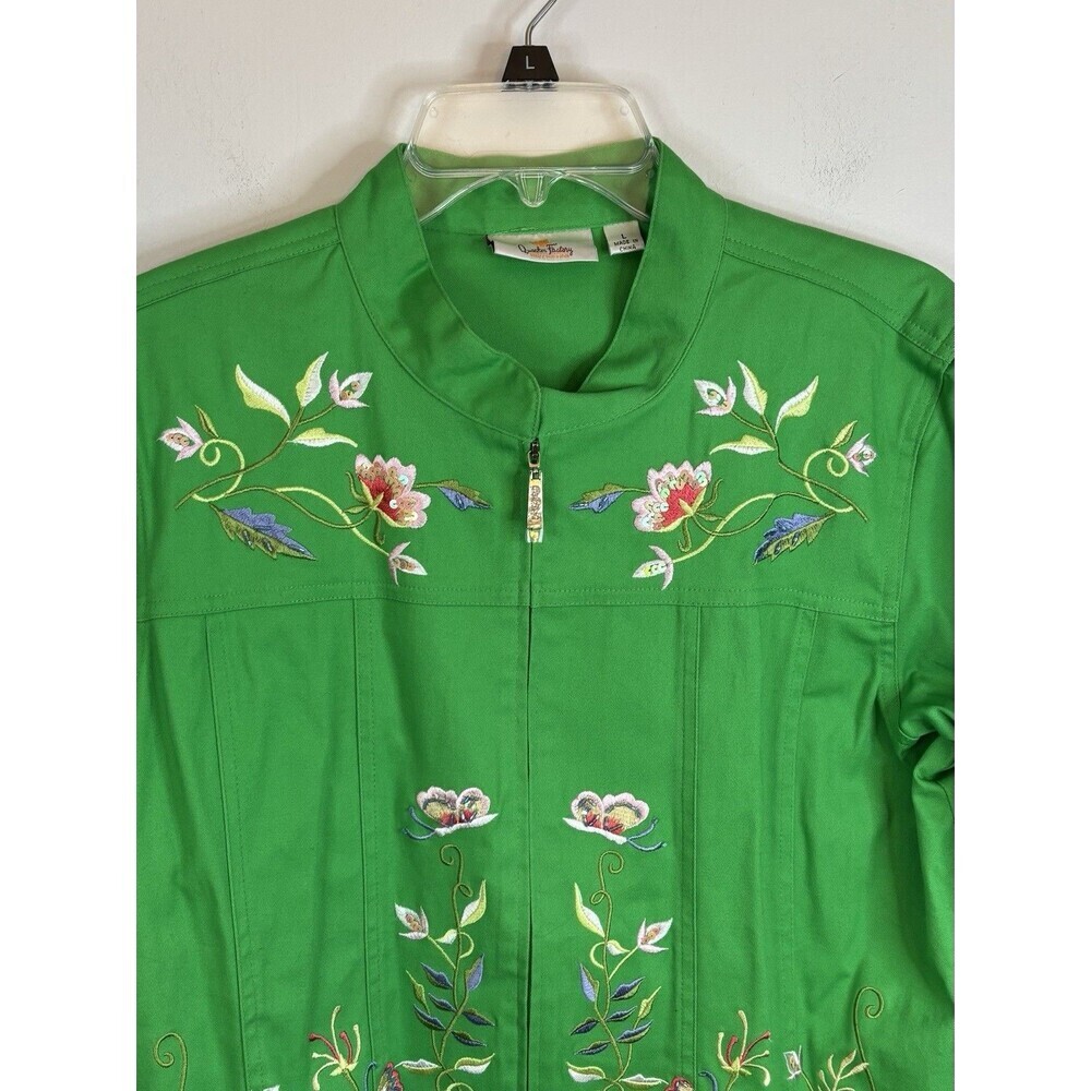 QUAKER FACTORY Green Floral Embroidered Zip Up Jacket Large Butterfly Spring NEW - Picture 4 of 16